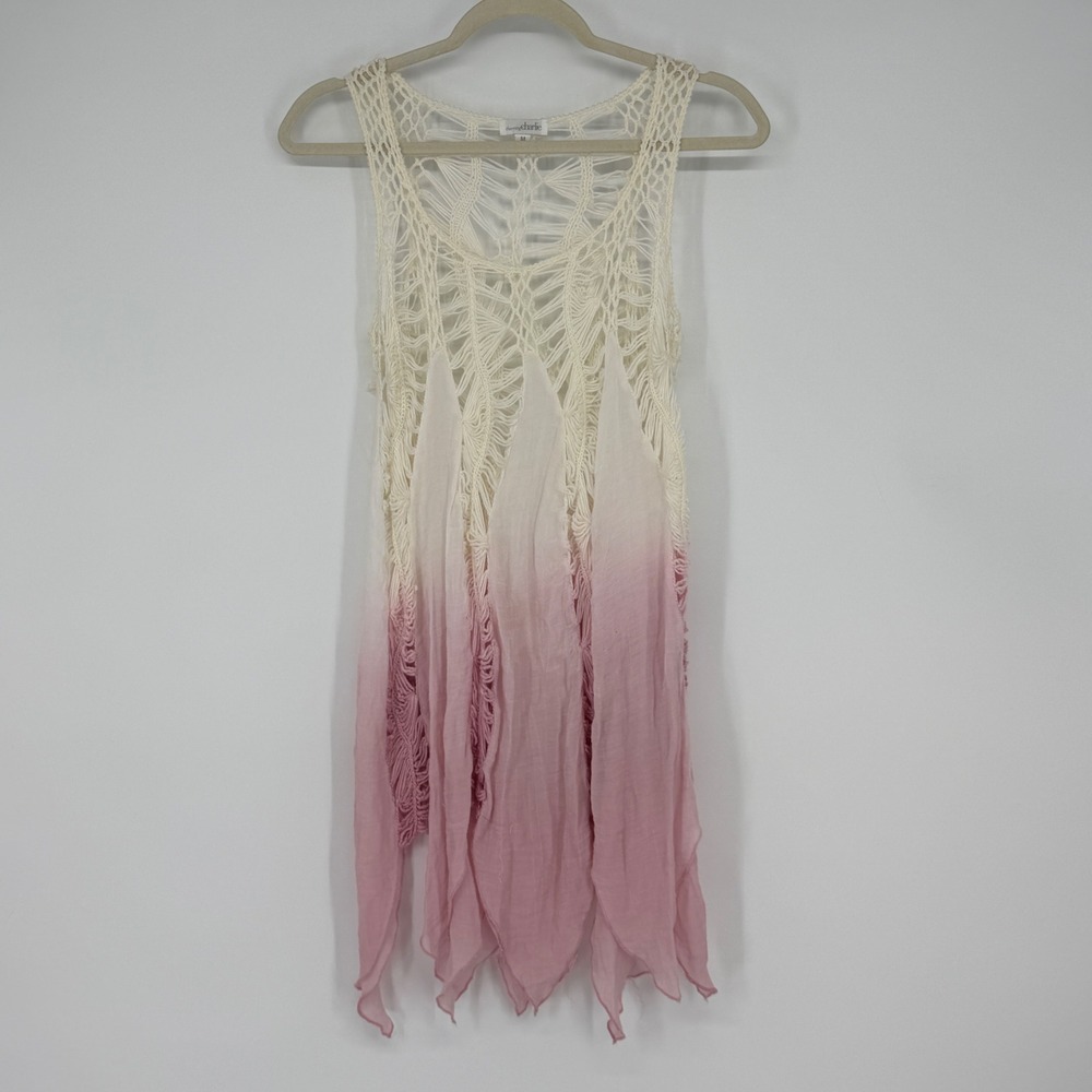 Charming Charlie Crochet Ombre Kimono Vest Women's M Beige Pink Fairy Festival